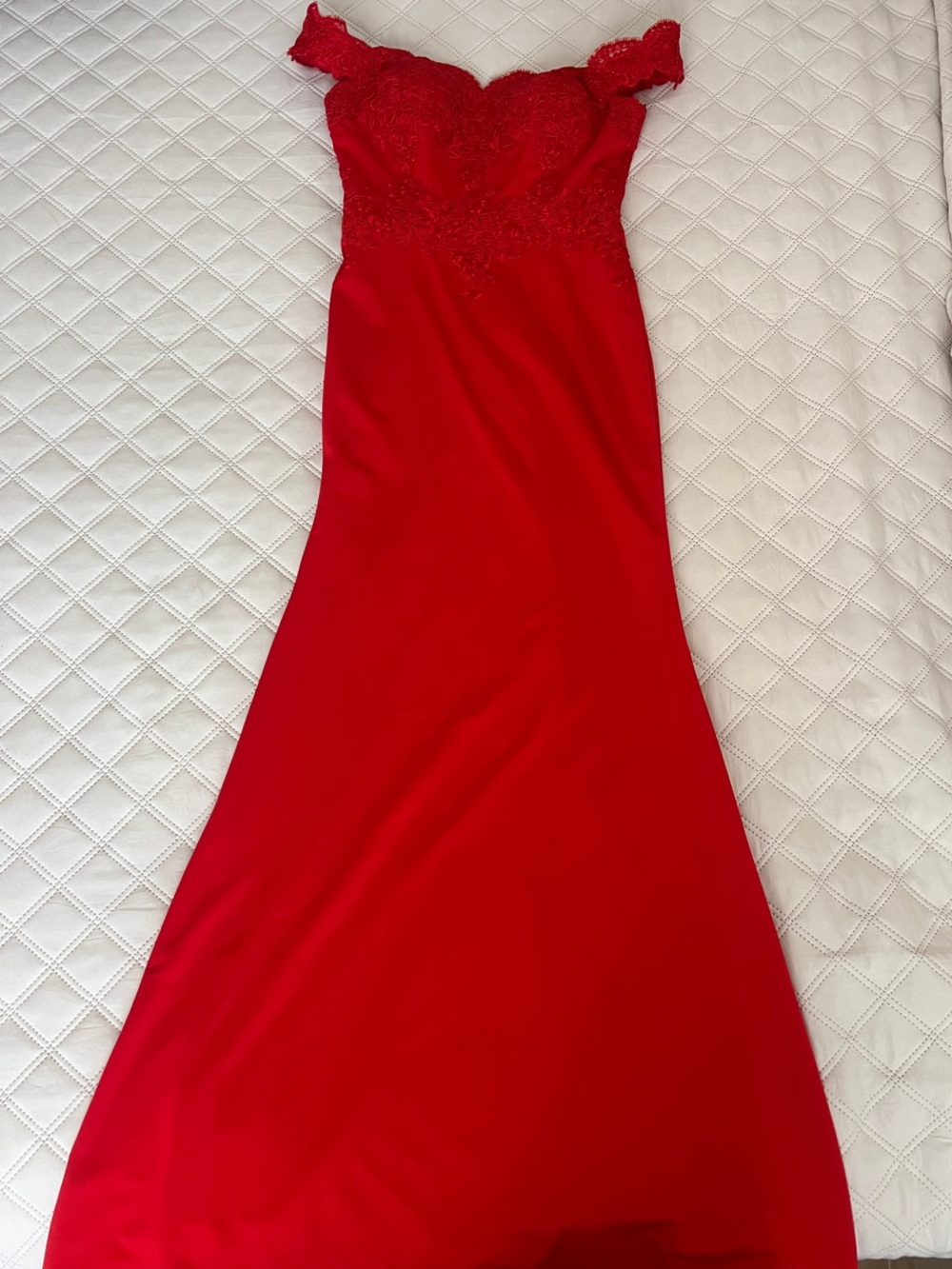 Red Lace Off-Shoulder Evening Gown
